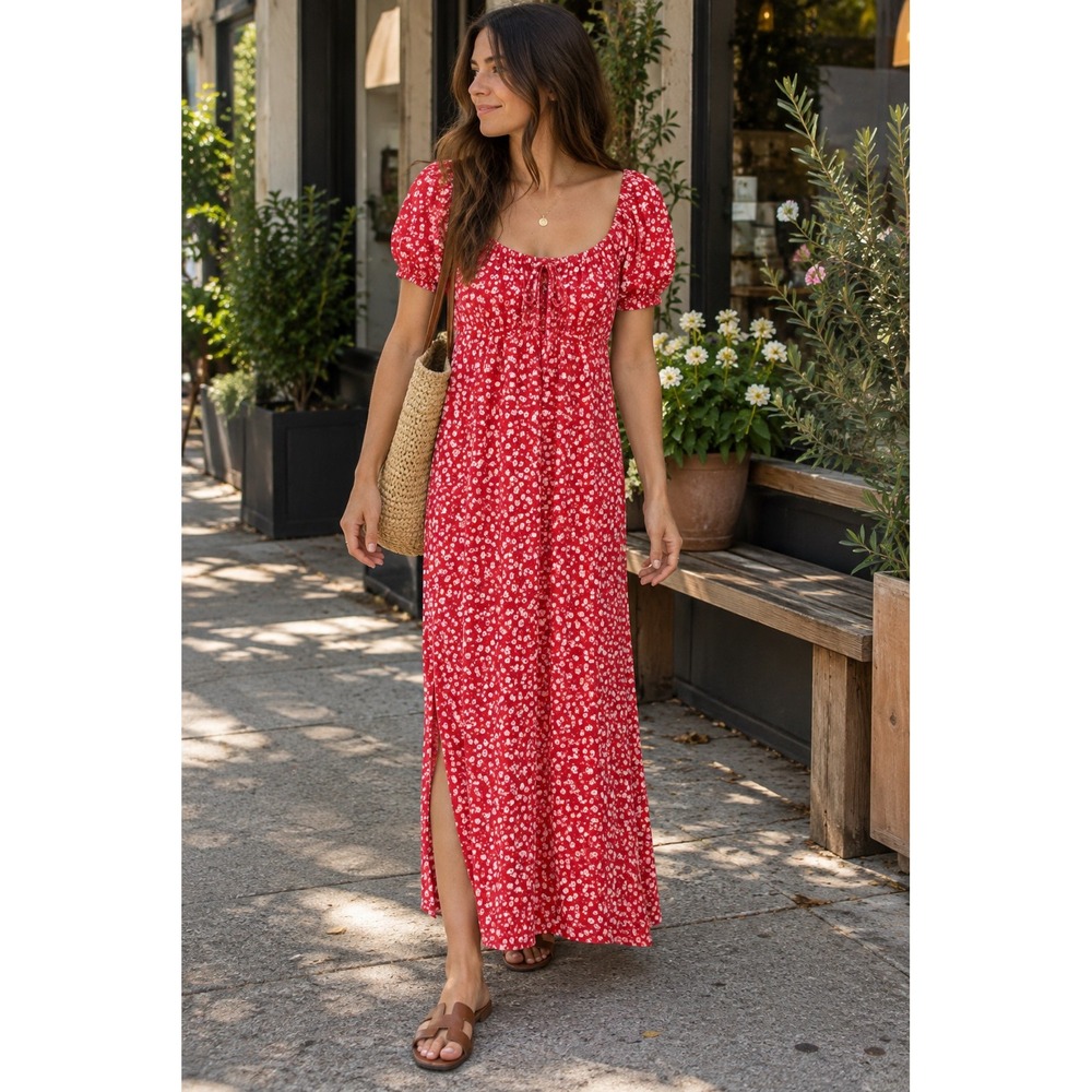 Faithfull The Brand Red Floral Puff Sleeve Smocked Maxi Dress Women